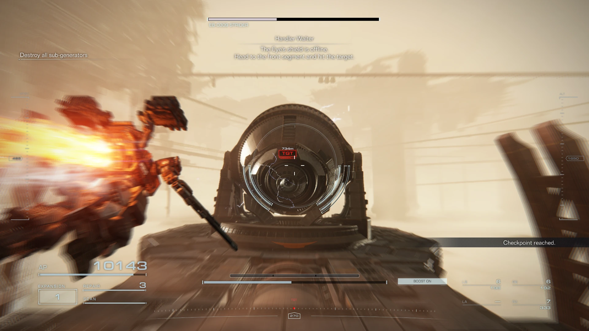 The player assault boosts towards a giant eye shaped laser cannon.
