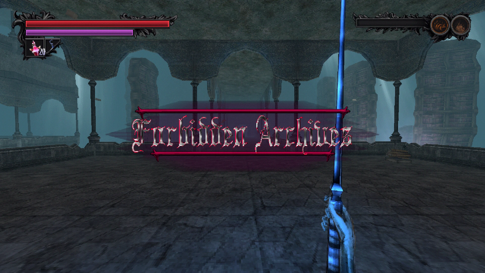 An image of the player entering the Forbidden Archives, an incredibly tall gothic library area.