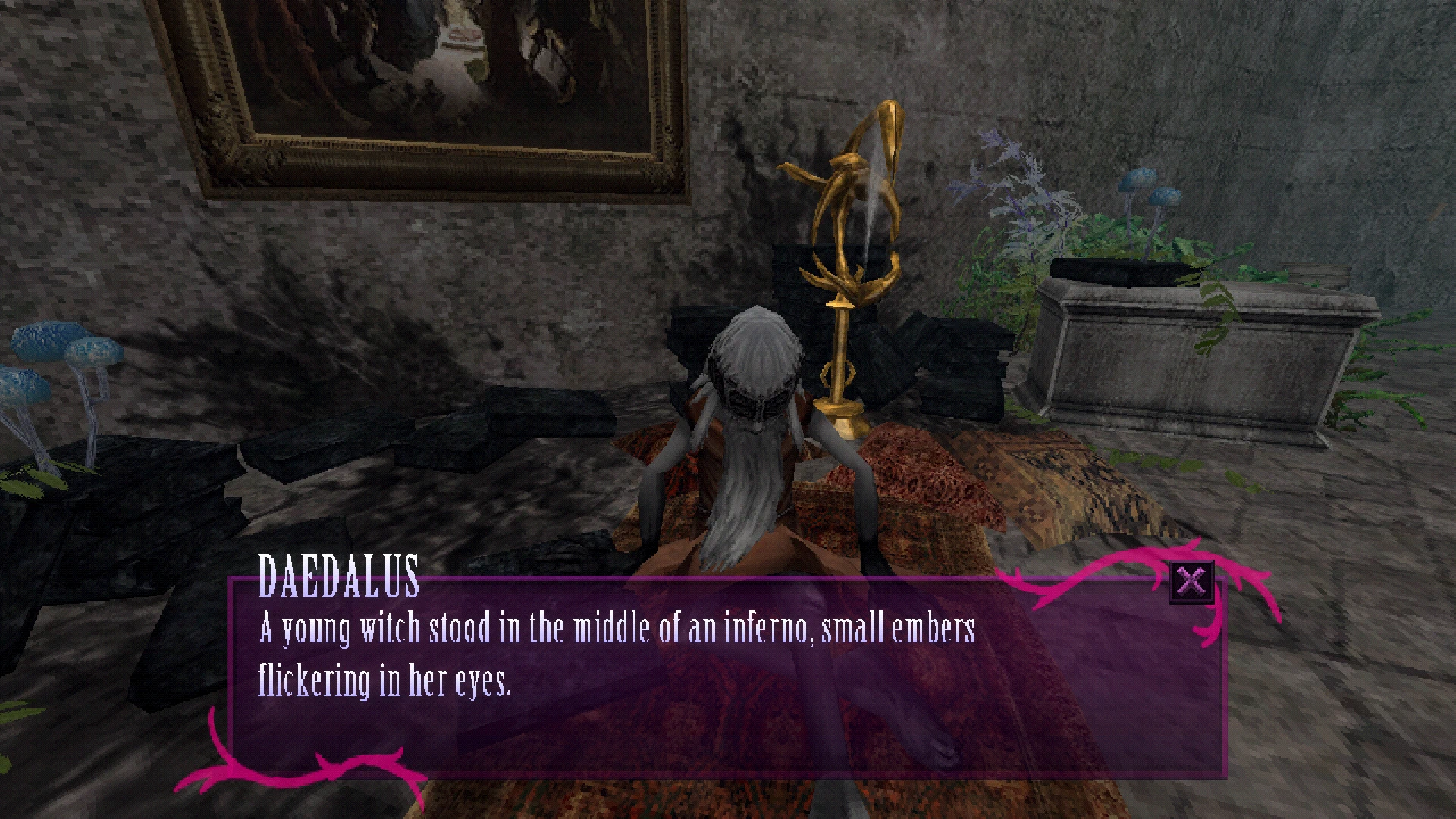 An image of the player conversing with a character named Daedalus.