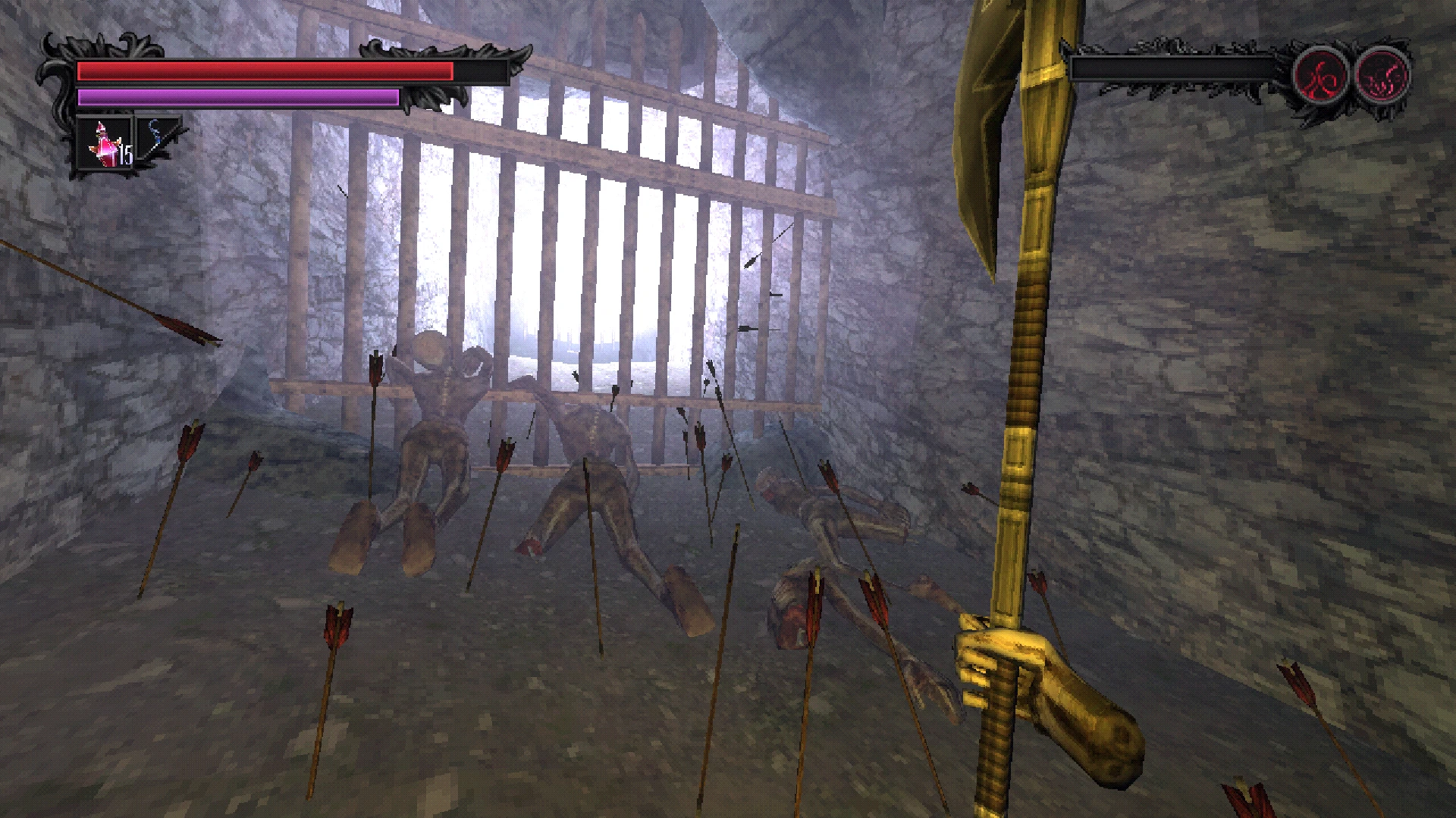 An image of the player observing a number of corpses riddled with arrows reaching out beyond steel bars.