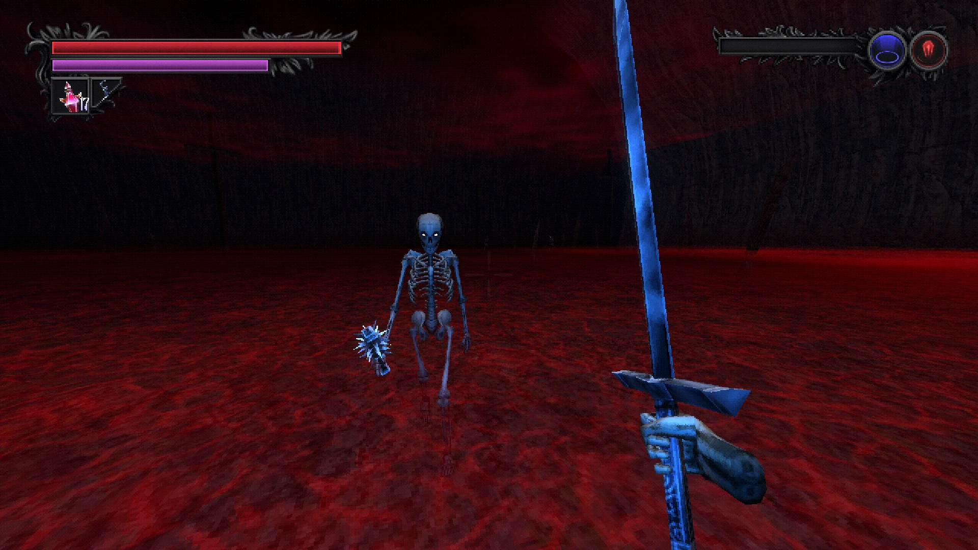An image of the player facing a skeleton in a sea of blood.