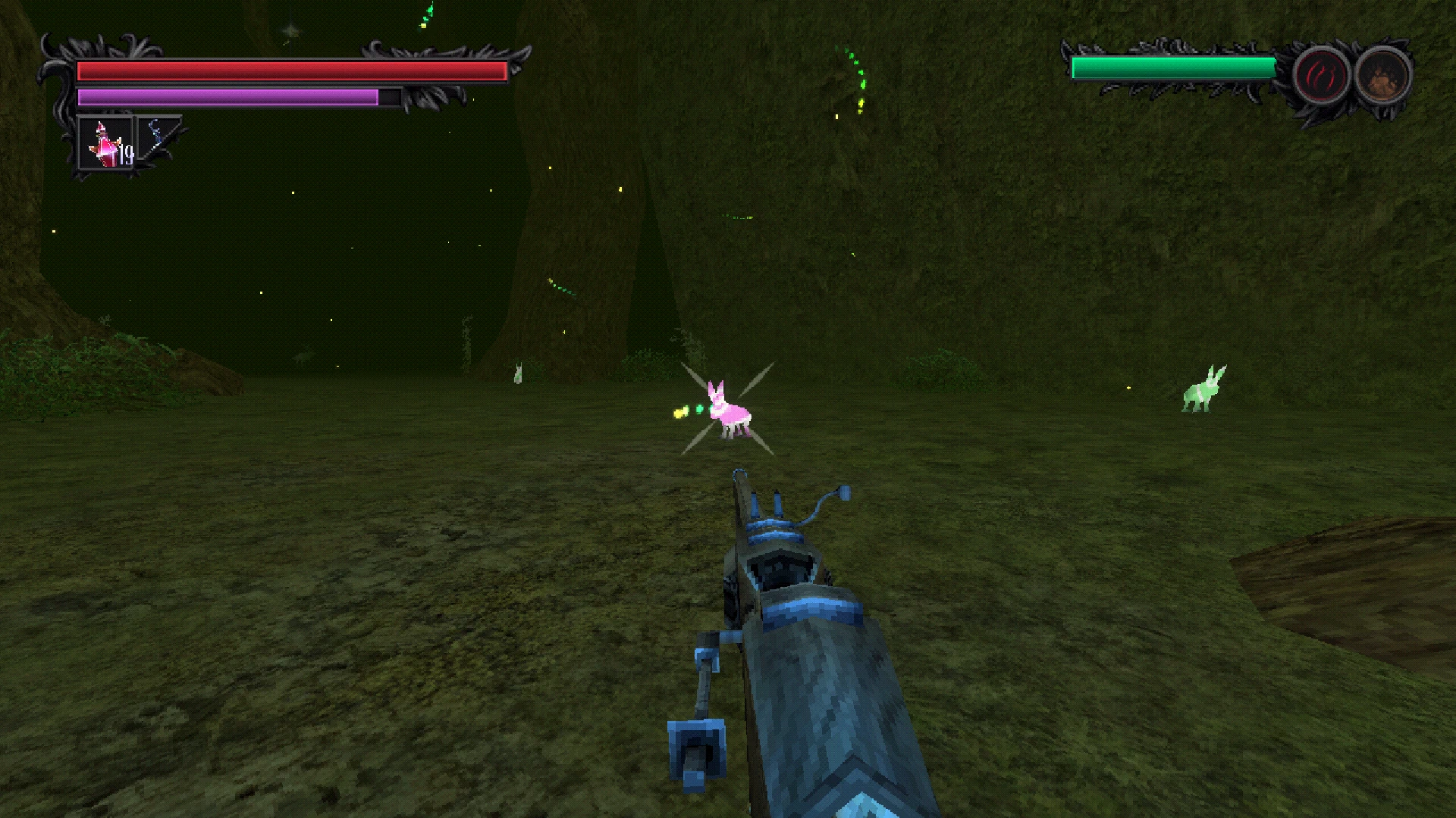 An image of the player aiming a musket at a rabbit-like kodama spirit.