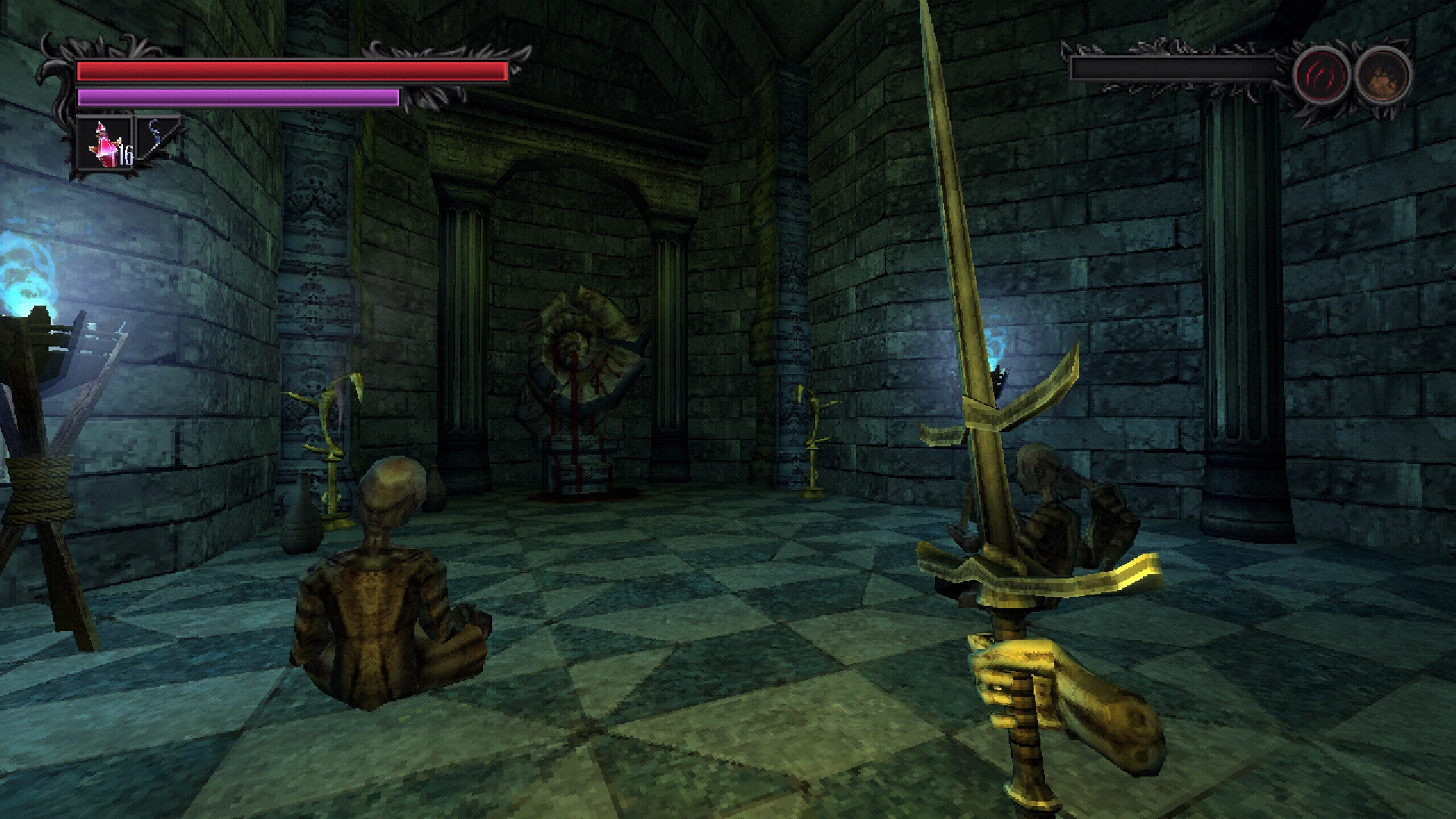 An image of the player observing an ominous gathering of corpses seated around a desecrated monument.