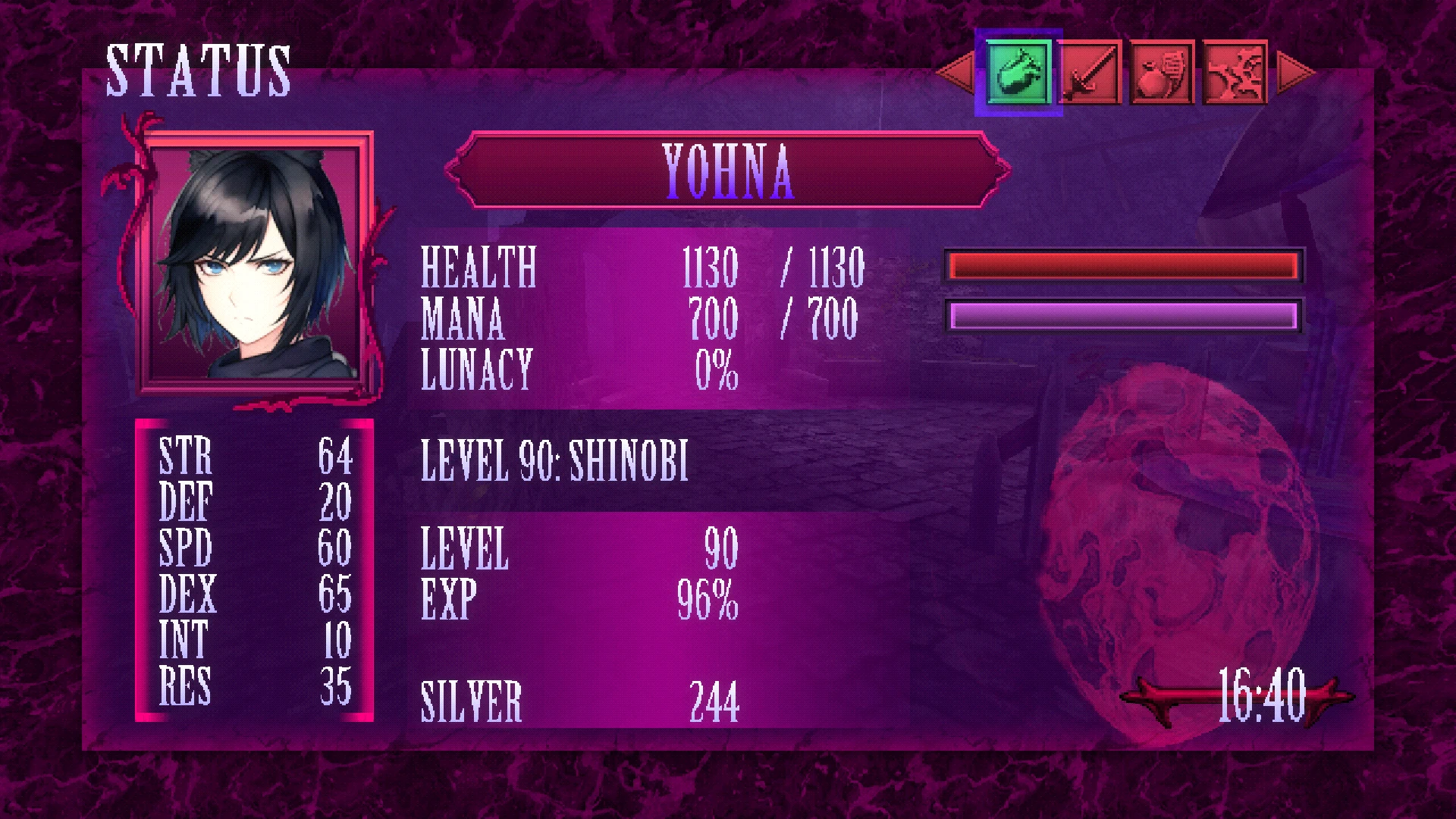 An image of the Lunacid status screen showing a Level 90 Shinobi named Yohna.