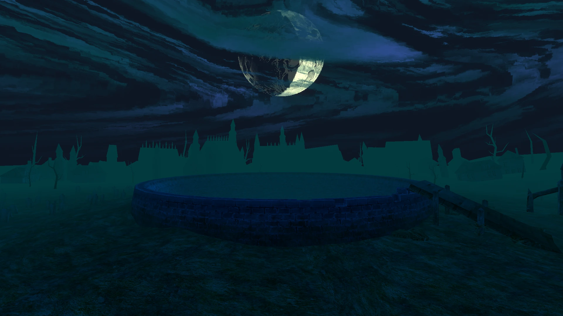 An image from the opening game of the moon hanging ominously above the Great Well.