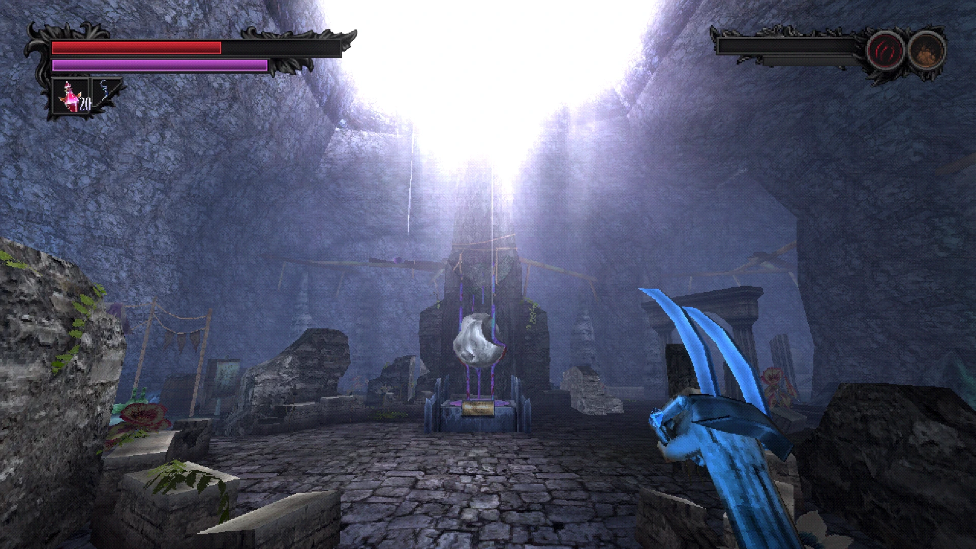 An image of the player standing in the centre of Wing's Rest, the game's primary hub area.