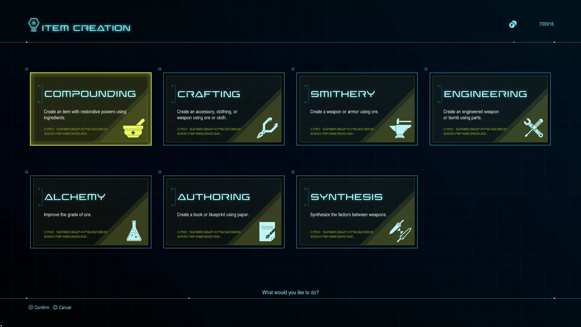 An image of the Item Creation menu, showing the 7 available disciplines: Compounding, Crafting, Smithery, Engineering, Alchemy, Authoring, and Synthesis