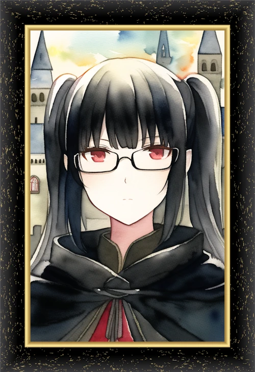 An image of a portrait frame containing an AI-generated image of a woman drawn in watercolour style with black twintailed hair, red eyes, glasses, a flat emotionless expression, and wearing drab black robes.