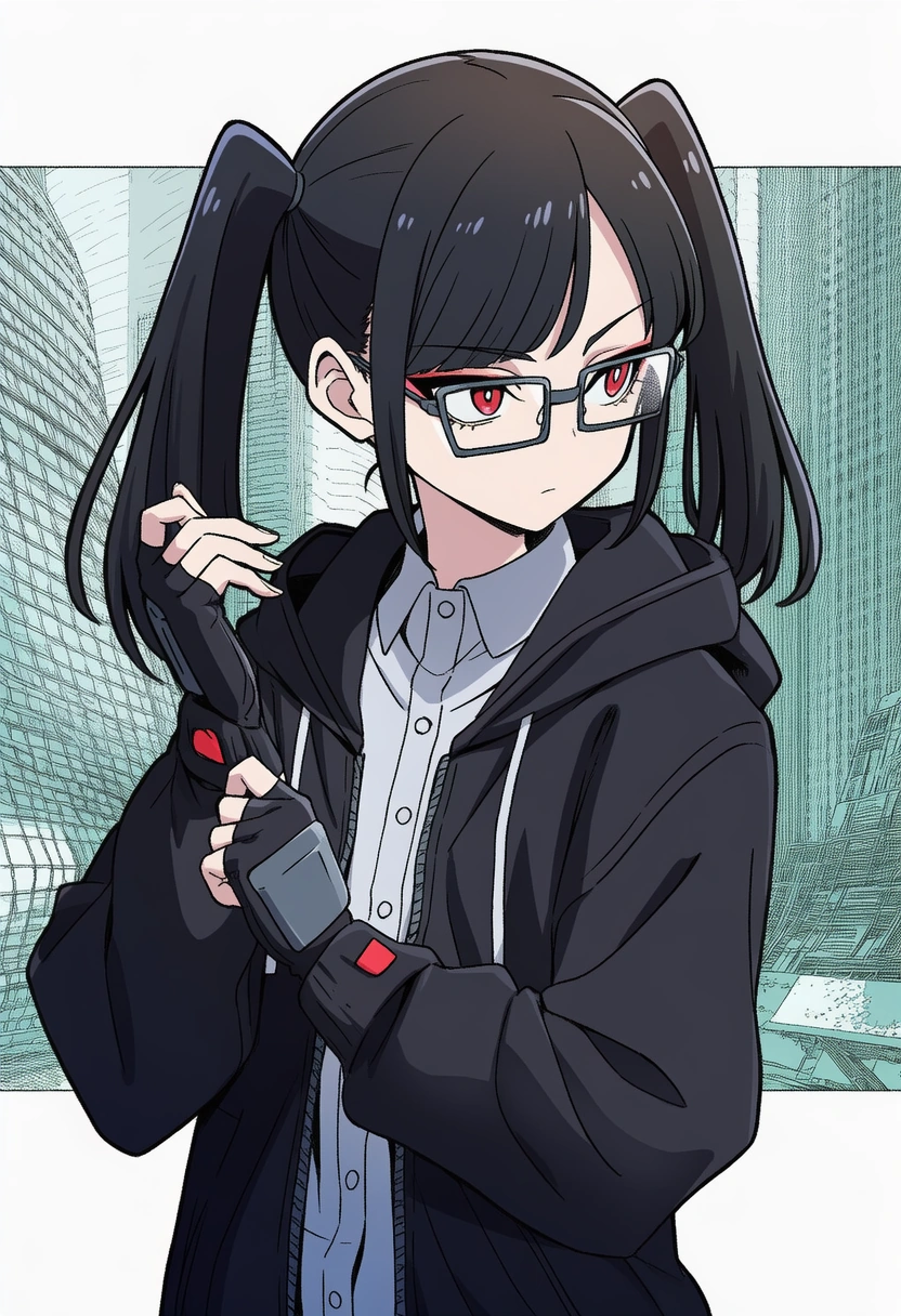 An AI-generated image of Perrine, a woman with sharp red eyes, glasses, black haired tied up in twintails, and an expressionless face. Her outfit consists of an unzipped black hoodie with a grey shirt beneath and fingerless gloves on her hands.